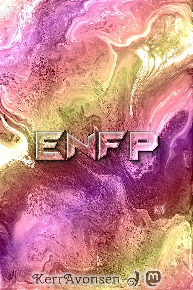Glassy letters ENFP. The background is flowing colours, a mixture of pastel pink, orange and yellow.