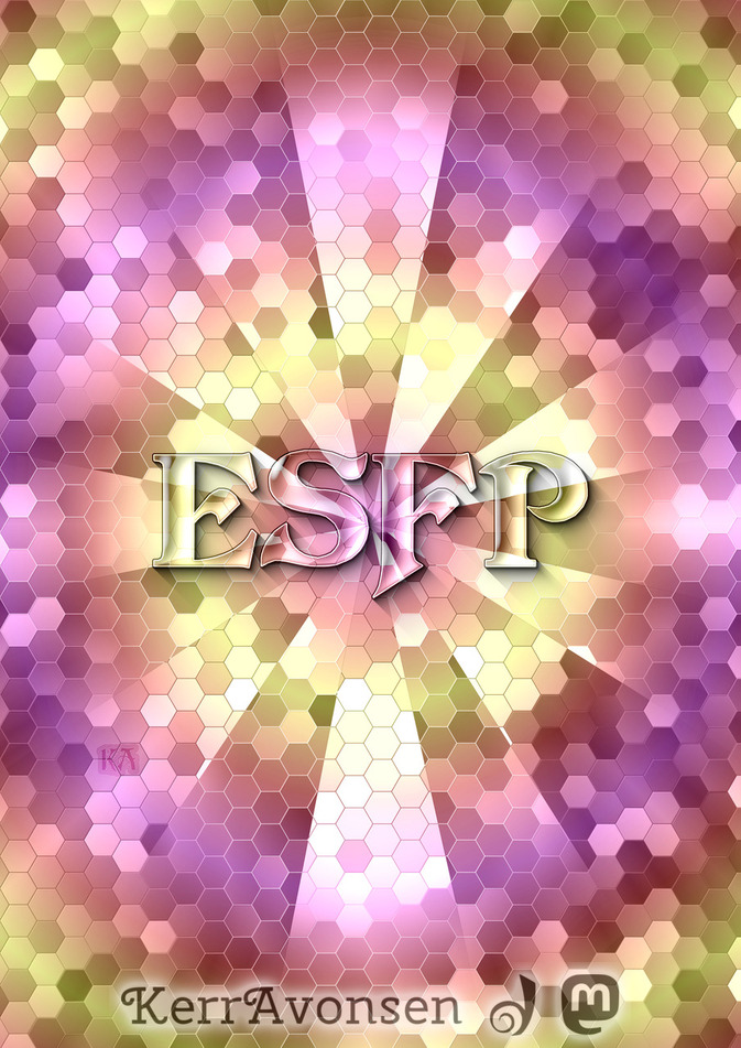 Glassy letters spelling out ESFP. Hexagons of colour in shades of pink, pale orange and pale yellow. Lines radiating out from the centre.